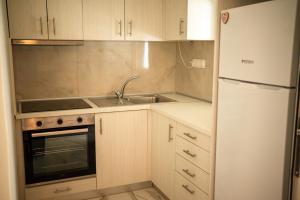 a small kitchen with a sink and a refrigerator at Ektoras House in Platamonas +5 photos