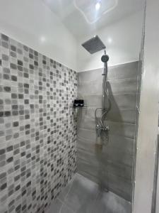 a shower in a bathroom with gray tiles at Jasmine Apartment Tunis in Tunis