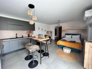 a kitchen and a bedroom with a bed and a desk at Boho Studio Enjoy in Neoi Epivates