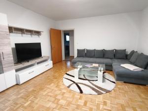 ein Wohnzimmer mit Sofa und Fernseher in der Unterkunft Feriennest Faust in Altenmarkt an der Alz