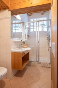 a bathroom with a sink and a shower at Baumgartnerhof in Lagundo +56 photos