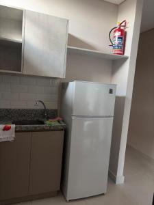 a white refrigerator in a kitchen with a shelf at Modern Studio with Balcony in Asunción +3 photos
