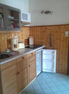 ザスニッツにあるFerienwohnungen Ottoのキッチン(木製キャビネット、白い冷蔵庫付)