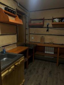 an empty kitchen with a sink and wooden floors at Pryhirska Sadyba in Torunʼ