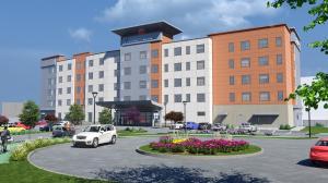 a rendering of a building with a car parked in a parking lot at Hyatt House Schenectady / Mohawk Harbor in Schenectady