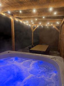 a large blue tub in a room with lights at Górska Stodoła - Domek z Prywatnym Jacuzzi in Lipowa