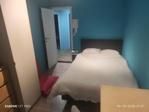 a bedroom with a white bed and a blue wall at Casa 28 in Kapelle-op-den-Bos