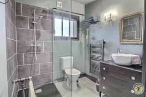 a bathroom with a shower and a toilet and a sink at Chez patricia in Ploubazlanec +17 photos