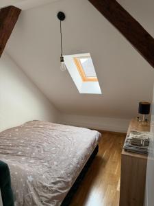 a bedroom with a bed and a skylight at Central in Pančevo