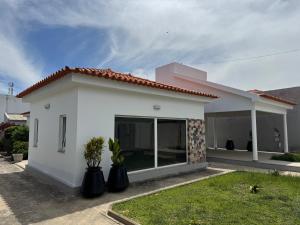 a white house with two plants in front of it at Casa da Lua, com espaço gourmet no Lubango, Huila in Lubango
