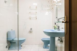 a bathroom with a blue toilet and a sink at El Doce Del Ferial in Solares +35 photos