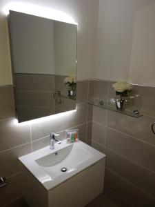 La salle de bains est pourvue d'un lavabo blanc et d'un miroir. dans l'établissement Cohannon Inn, à Dungannon