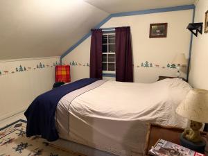 a bedroom with a bed with blue walls and a window at Adirondack Butterfly Hillside in North Creek