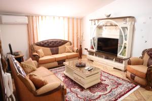 a living room with a couch and a tv at Guesthouse Alemannia in Berat