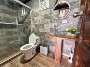 a bathroom with a toilet and a shower and a sink at Guanico Beach Resort in Tonosí +91 photos