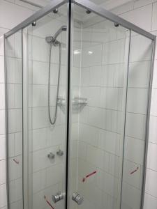 a shower with a glass door in a bathroom at Bercy in Valdivia