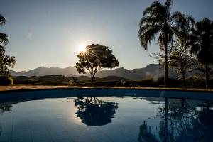 a swimming pool with a palm tree and the sun at Pousada e Espaço Flor da Serra in Cruzeiro