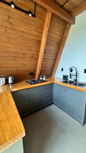 a kitchen with a sink and a counter top at Cabana de Vidro - Canelinha in Canelinha