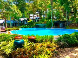 a large blue swimming pool in a yard with plants at B.92b in Ban Ko Kok