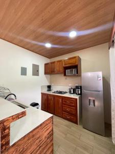 a kitchen with wooden cabinets and a stainless steel refrigerator at Casa Colibrí in Bijagua