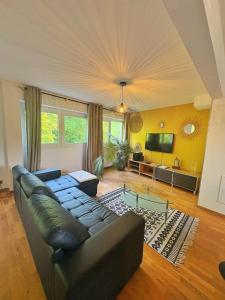 a living room with a couch and a tv at Duplex with Jacuzzi and parking Close to Disney in Lognes