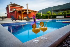 two wine glasses sitting on a ledge near a swimming pool at Villa Rubin with heated pool in Slivno