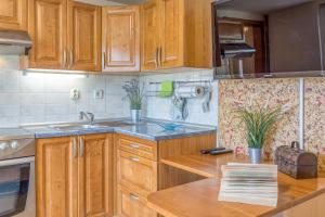 a kitchen with wooden cabinets and a wooden counter top at River View Suite Mlinar Private Beach - Happy Rentals in Metlika