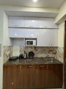 a kitchen with a sink and a microwave at The dream studio in Noida