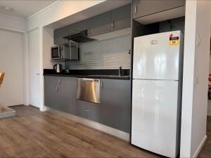 a kitchen with a white refrigerator and gray cabinets at Ground Floor Spa Apartment Corrigans Cove in Batehaven