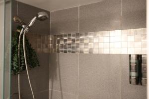 a shower in a bathroom with a shower head at Ilikai Hotel Condo with Kitchen and Ocean View in Honolulu