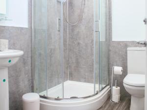 a bathroom with a shower and a toilet at Dondies House in Kilchoan
