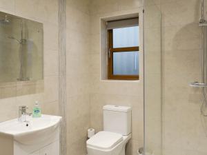 a bathroom with a toilet and a sink and a shower at The Corn Store in Malpas +3 photos