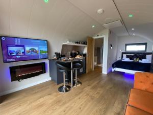 a living room with a bar and a flat screen tv at Dhunan - Uk7836 in Brodick