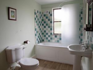 a bathroom with a toilet and a tub and a sink at Honeysuckle Cottage - Ukc4692 in Kilkhampton