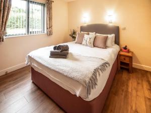 a bedroom with a large bed with a window at Caban Nant Ddu - Ukc8194 in Dolau +10 photos