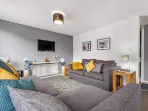 a living room with a couch and a tv at Ouseburn Apartment in Jesmond