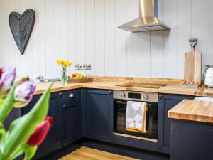 a kitchen with blue cabinets and a stove top oven at Buck Barn - Ukc8185 in Dolau