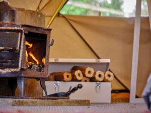 a fireplace with a pile of logs in a tent at Cowslip- Ukc4942 in West Anstey
