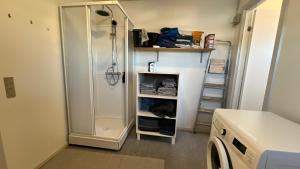a bathroom with a shower and a washing machine at Whaletours Center Apartment in Ilulissat