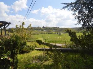 a view of a field with sheep in the distance at Comfortable chalet in PetitHan with garden in Durbuy