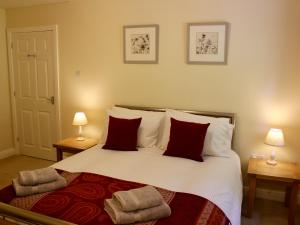 a bedroom with a large bed with red pillows at Pine View in Invergarry