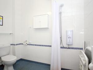a white bathroom with a toilet and a shower at Elm Cottage in Uckfield