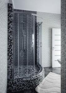 La salle de bains est pourvue d'une douche et d'une cabine de verre. dans l'établissement City Center Apartment, à Odessa