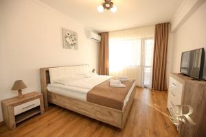 a bedroom with a bed and a television in it at Apartments Rivera in Dobrich