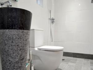 a white bathroom with a toilet and a shower at Lloch Lo in Cilybebyll