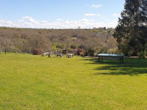a grassy field with two picnic tables in a field at Chestnut Cottage in Uckfield