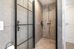 a shower with a glass door in a bathroom at Beautiful Design 2 BR Loft in Mertert +20 photos