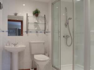 a bathroom with a shower and a toilet and a sink at Milking Parlour - Uk4017 in Hartington