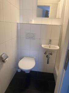 a small bathroom with a toilet and a sink at Studio James in Hombrechtikon