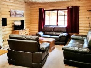 a living room with leather furniture in a log cabin at Hadrians Lodge - Uk3478 in West Thirston